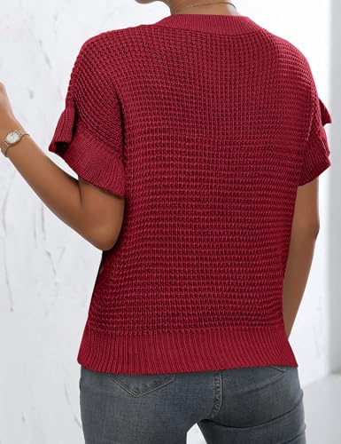 Image of Womens Short Sleeve Sweaters Ruffle Crewneck Pullover Sweater 2025 Casual Lightweight Summer Tops