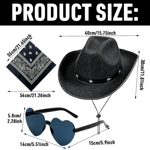 WFKKMEQ Chapeau de Cowboy, Déguisement de Cowboy Western Accessoires de Costume avec Chapeau Lunettes de Soleil et Bandana Kit Accessoires de Chapeaus pour Cosplay Halloween et Carnaval(Noir) – vue 2
