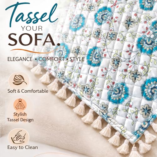 Image of HOKIPO Cerulean Bloom L Shape (3+2 Seater) Sofa Seat Mat with Tassel| Quilted Sofa Cover Mat, 'Tassel Twigs' Series (IN-984-T6 + IN-986-T6)