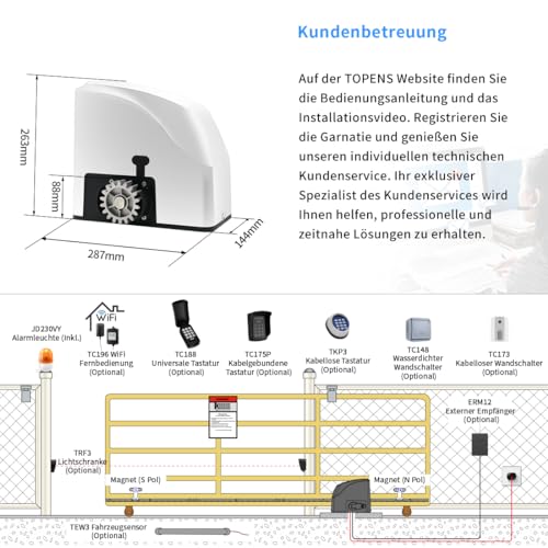 TOPENS RK500T Schiebetorantrieb Torantrieb automatischer Toröffner für max. 600kg und 12m Schiebetor mit 2 Fernbedienungen, 4m Zahnstange, Alarmleuchte, Lichtschranke für Hoftor