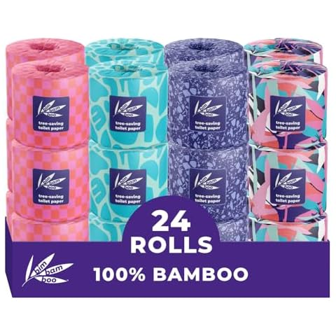 Bim Bam Boo 100% Bamboo Organic Chemical-Free Bulk Toilet Paper, Cloud-like Softness, Plant-Based Sustainable Tree-Free Bathroom Tissue, 24 Eco-Friendly Rolls, 2 Ply, 295 Sheets for RV and Camping Cover
