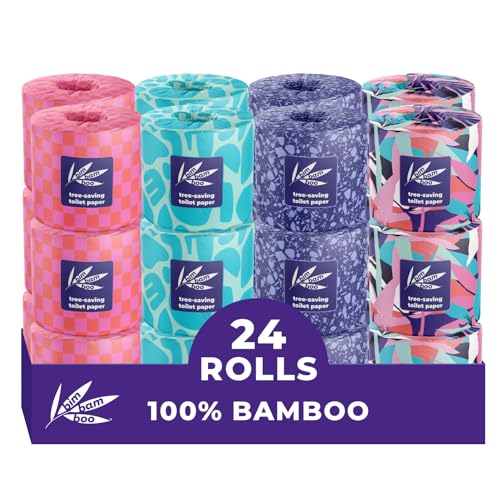 Bim Bam Boo 100% Bamboo Organic Chemical-Free Bulk Toilet Paper, Cloud-like Softness, Plant-Based Sustainable Tree-Free Bathroom Tissue, 24 Eco-Friendly Rolls, 2 Ply, 295 Sheets for RV and Camping