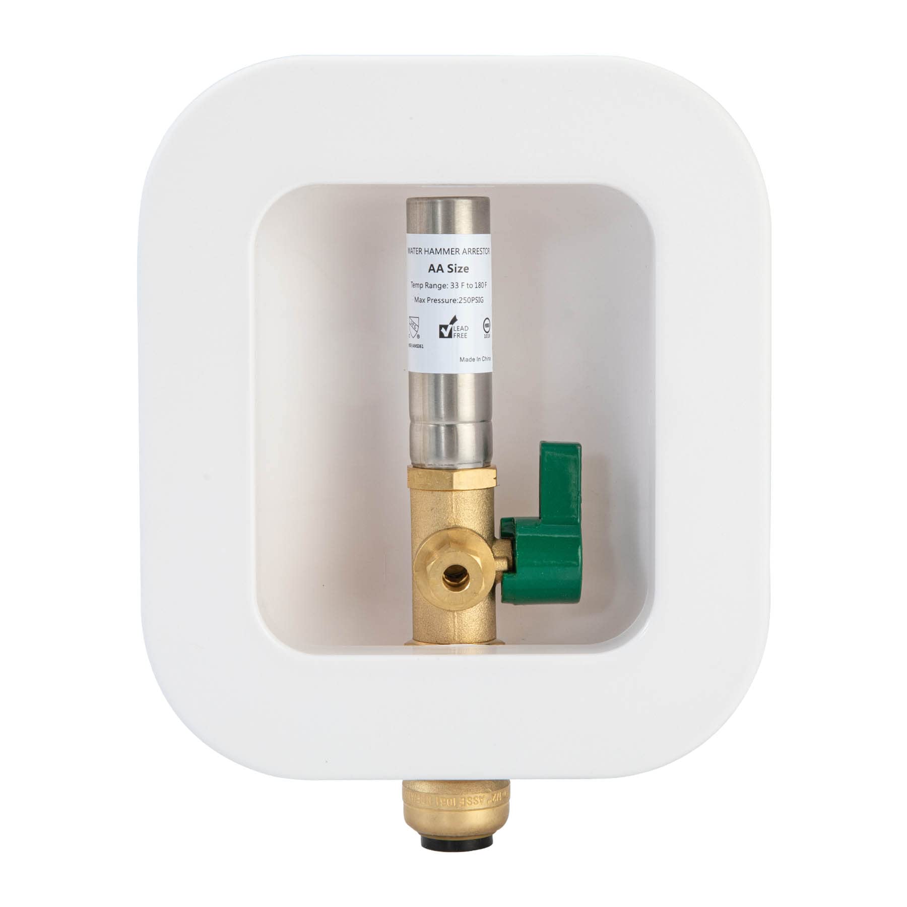 Ice Maker Outlet Box Push To Connect with Hammer Arrestor, 1/2 inch Push to Connect PEX Pipe, Copper, CPVC, Connection 1/4 Inch Ice Maker Hose, Water Valve Box Inlet Compression Cover Old Work