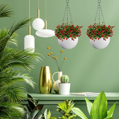 Image of Tdas Artificial Hanging Flowers with Basket Plants Leaves Home Decor for Outdoor Balcony Yard Patio Garden Porch Deck Autumn Faux Fake Realistic Spring Decoration - 60 cm (Red)