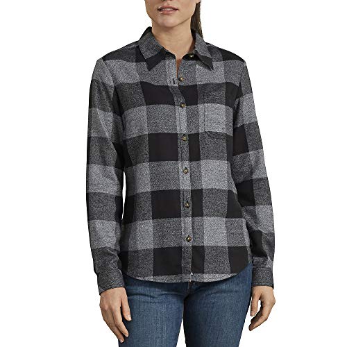 Dickies womens Long-sleeve Plaid Flannel Work Utility Button Down Shirt, Black/White Heather Buffalo, XX-Large US