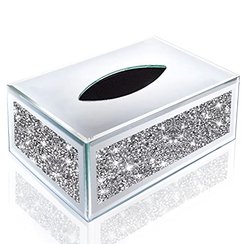 Wocred Rectangular Mirrored Tissue Box Cover,Crystal Crushed Diamond Tissue Box,Silver Luxury Tissue Holders for Either Tissues in a Bathroom or Napkins on a Table.(10”x5.7”x4”)