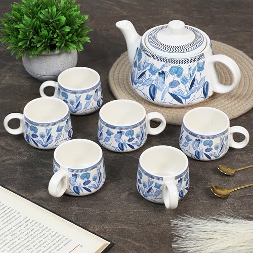 CRAF10 Handcrafted Ceramic Botanic Blue Teapot Cup Set - 1 Kettle (1 Litre) & 6 Cups (160 ML), Microwave & Dishwasher Safe | Morning Set Tea Sets with Kettle for Gifting