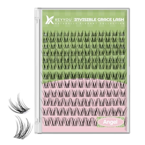 KEYYOU LASH Angel Lash Clusters Manga Wimpernverlängerung D Curl 144Pcs Falsche Wimpern Wispy Natürliche Unsichtbare Band Wimpern mit Wasserdicht DIY Wimpernverlängerung zu Hause (Angel-D-8-16MIX)