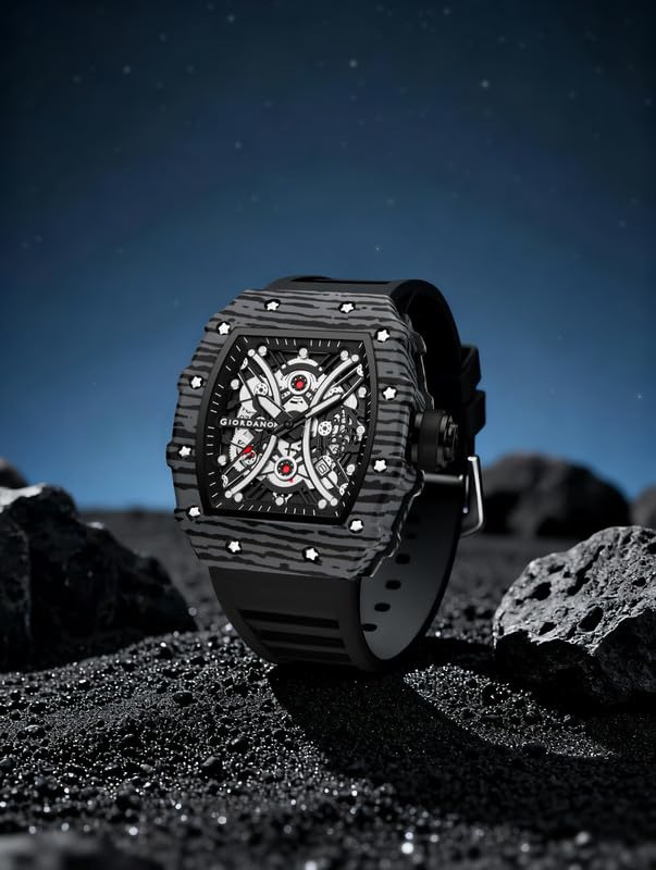 Image of Giordano Analog Square Watch for Men with Skeleton Design, Rugged Textured Case, Luminous Hands, and Silicone Strap
