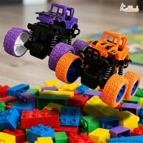 Image of Kriddaank Pack of 2 4x4 Monster Truck for Kids - Friction Powered Stunt Cars with 360 Spin Action - 4WD Push and Go Toy Vehicles for Toddlers, Boys & Girls Aged 3-7 Years (Multicolor)