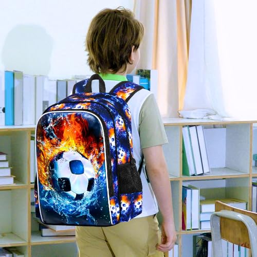 Image of 17 inch Soccer Backpack for Boys, Kids Bookbag with Lunch Box, 3Pcs Football School Backpacks for Elementary Preschool Kindergarten (Fire and Ice)