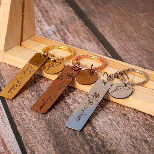 Image of Personalized Engraved Metal Keychains - Custom Name & Initial Key Rings with Floral according to month Design - Unique Gift for Couples, Friends & Loved Ones