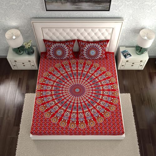 Image of LA VERNE 104 TC Cotton Double Bed Bedsheet Jaipuri Rajasthani Print Bedsheet with 2 Pillow Covers (Red N)