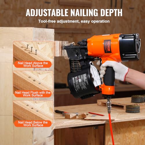 Image of VEVOR Coil Siding /Framing Nailer CN83N, 2 inch to 3-1 /4 inch 15 Degree Pneumatic Siding Nail Gun with Tool-Less Depth Adjustment, 70-120PSI Air Coil Nailer for Siding Sheathing Wooding Fencing Decking