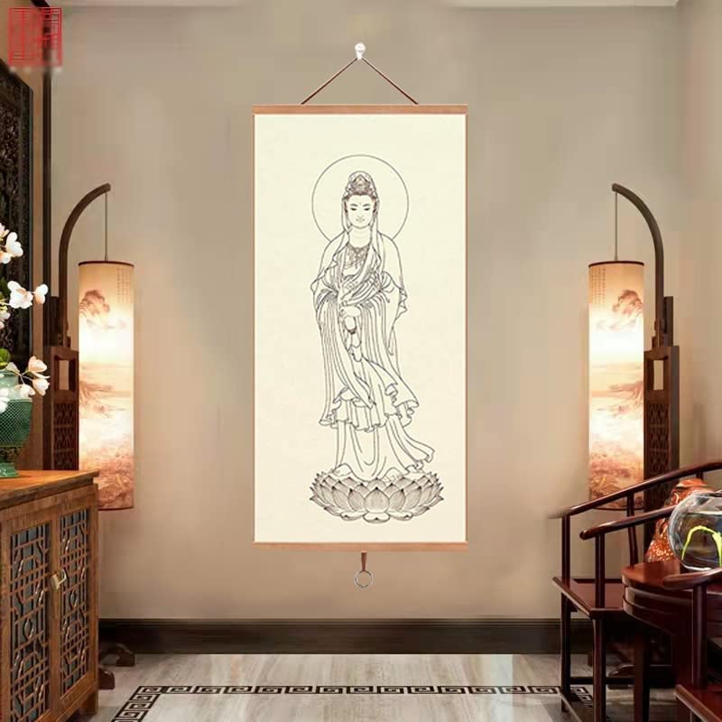 【数量限定】掛け軸 仏像画掛軸 仏像 観音菩薩 绢の布 手作り 茶室掛け画 床の Amazon｜掛軸 仏壇用 オリジナル掛軸 本尊のみ (観音菩薩) 绢の