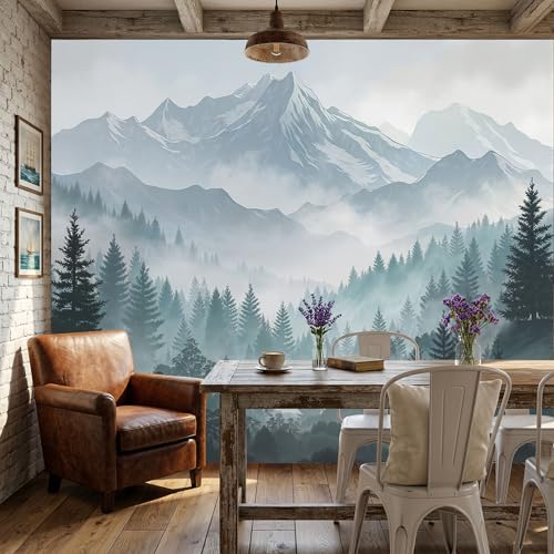 Grand Format Papier Peint Intissé Forêt Verte et Montagne Enneigée