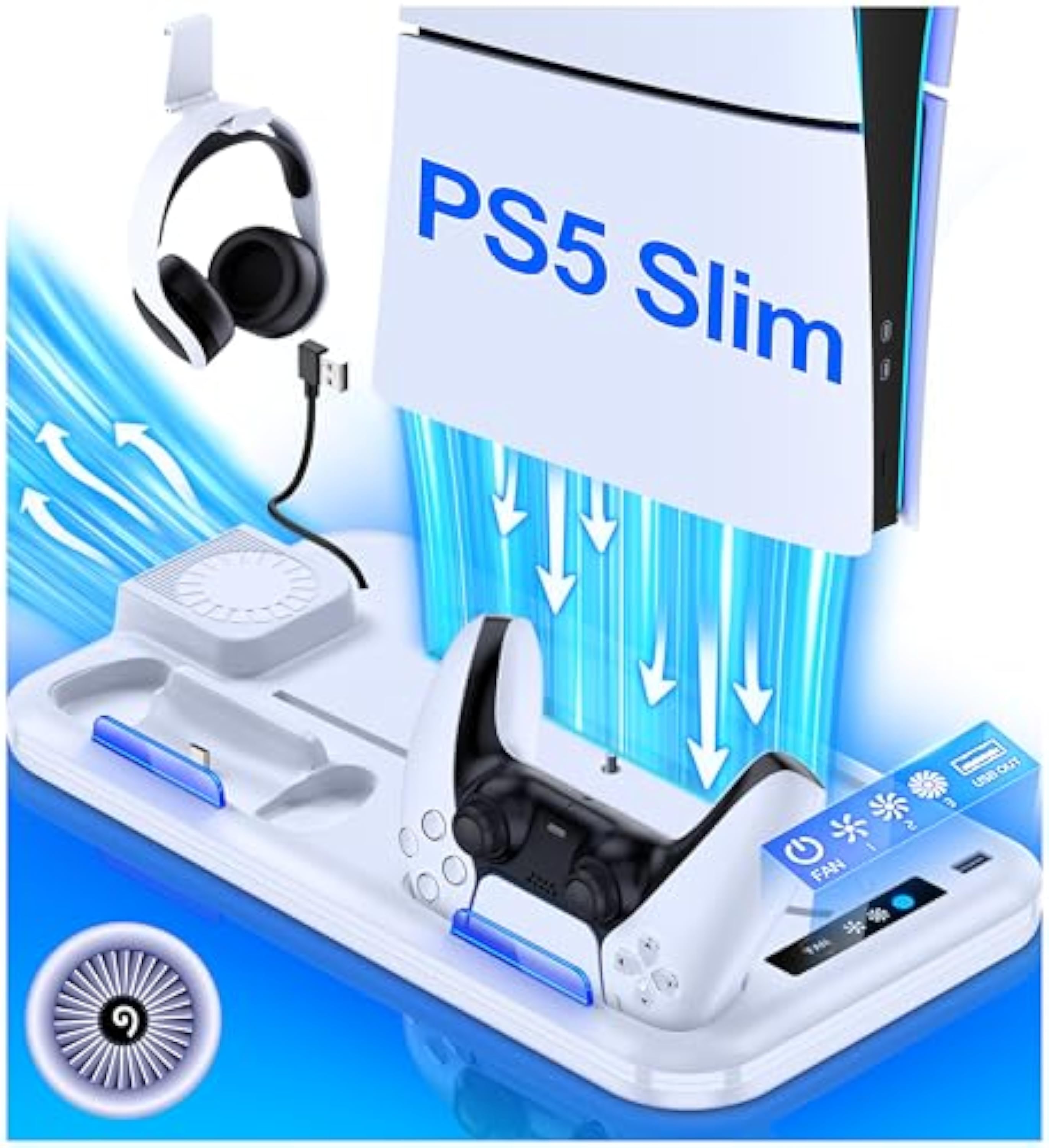 HELLCOOL Soporte para PS5 Slim con Ventilador, Base para PS5 Slim Edición Disco/Digital, PS5 Accesorios Todo en Uno con Estación de Carga para Mandos/Soporte para Auriculares/15 Ranuras de Juego