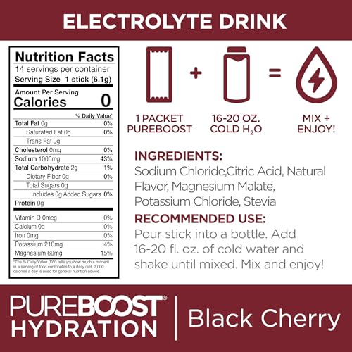 Image of Pureboost Sugar-Free Electrolyte Hydration Packets, Black Cherry 14ct | Zero Calories, Fast Hydration Drink Mix with 1,000mg Sodium, Potassium & Magnesium