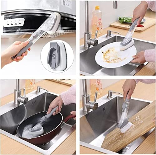 Dish Brush with Soap Dispenser,Washing Up Brush Set,Kitchen Scrubbing Brush with 6 Replaceable Heads and 1 adhesive hook Home Washing Scrub Brush for Pot Pan Sink(Grey)