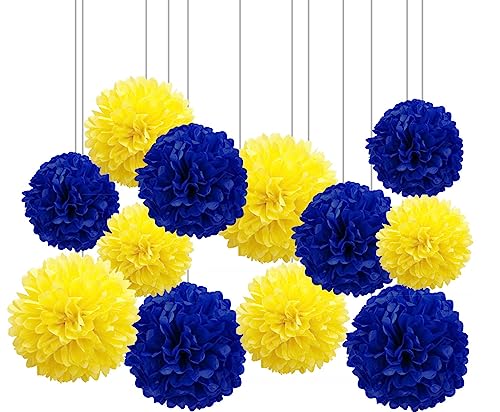 Image of XIKSXITN 12 pc Blue Yellow Tissue Paper Pom poms-Hanging Paper Pom Poms Paper Flowers Ball for Party Decorative(8&10&12 inch)