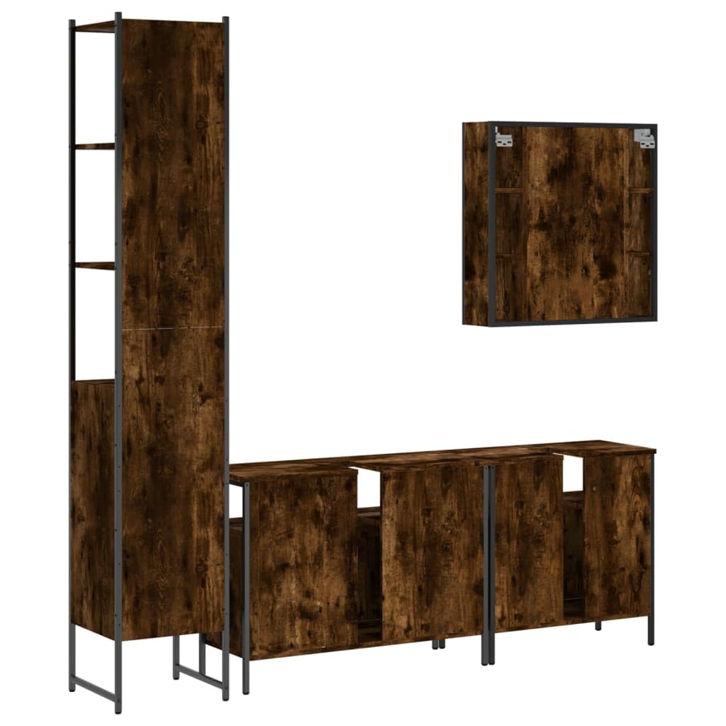 Juego de muebles de baño de madera ahumado de 4 piezas | Acero con recubrimiento en polvo, patas ajustables, espejo con estante, incluye soporte de pared