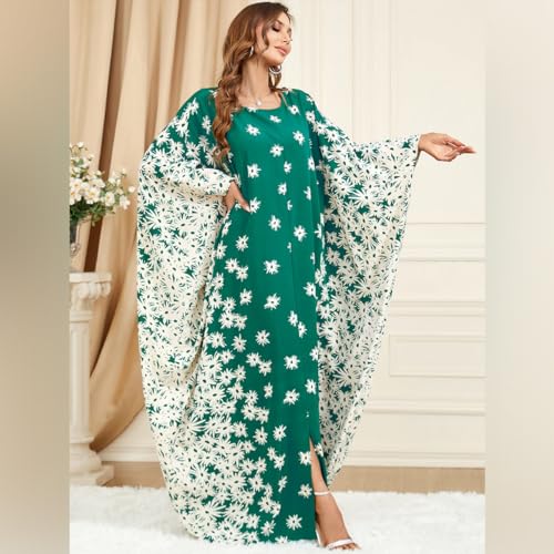Image of OBEEII Muslim Dress for Women Loose Batwing Sleeved Hooded Beaded Embroidery Long Abaya Dress Kaftan Abayas Islamic Robe