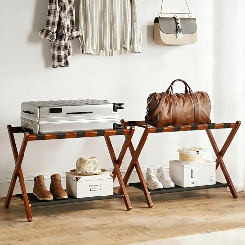 BAMBOOHOMIE Bamboo Luggage Rack for Guest Room 26.77 Folding Wide Suitcase Stand with Fabric Storage Shelf Luggage Stand Holder for Bedroom Hotel Luggage Rack for Suitcases (2 Pack - Brown)