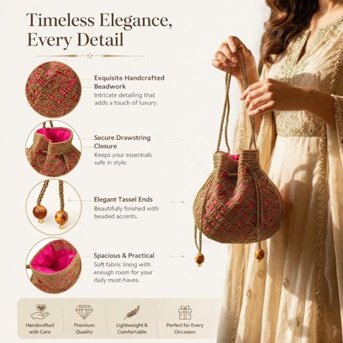 Image of Srajanna Women's Embellished Ethnic Pearl Potli Bag Traditional Handcrafted Evening Clutch for Weddings & Festive Occasions