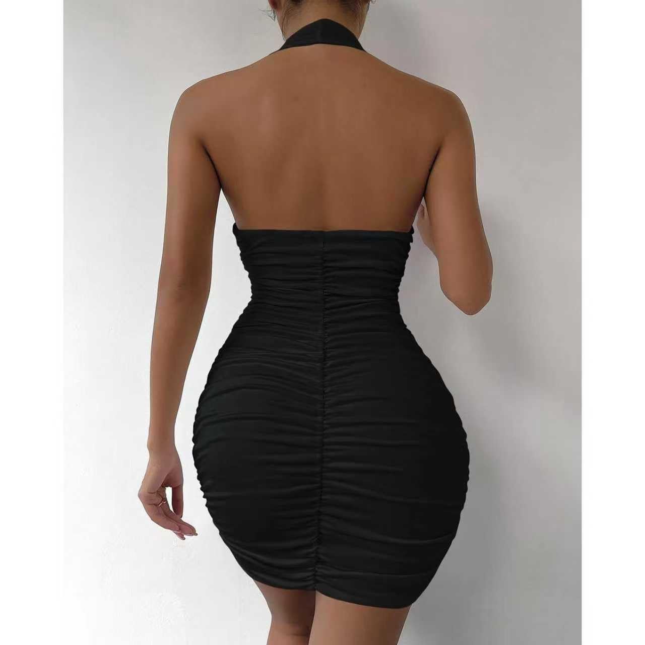 Vestito Donna Sexy Mini Abito con Scollo a V Halter Senza Maniche Tubino Corto Vestito Increspato Schiena Scoperta Abito Aderente Curvy Bodycon Estivo per Sera Feste Club Cocktail Discoteca