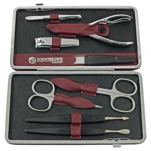 Sonnenschein Exclusiv German Made 8 Piece Stainless Steel Manicure Set in Bordeaux Red Leather Case with Metal Frame by Sonnenschein Exclusiv