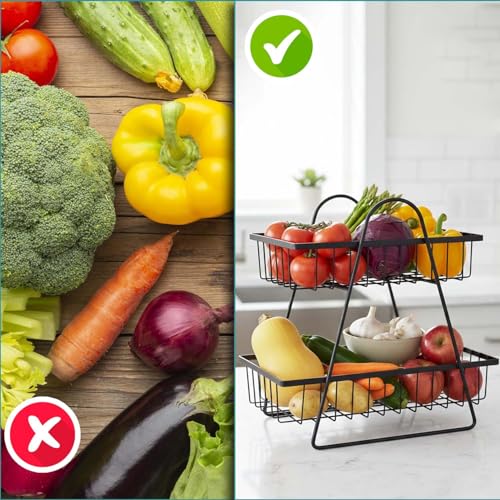 Image of Go Hooked 2 Tier Metal Fruit Basket for Dining Table | Space Efficient Countertop Wire Storage Stand for Fruits, Vegetables & Bread | Strong Metal Vanity & Home Organizer with Compact Vertical Design