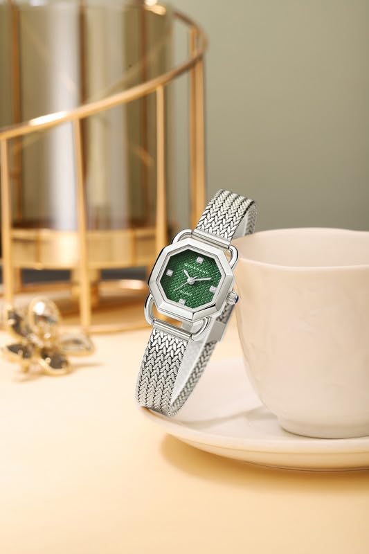 Image of Giordano Analog Quartz Watch for Women with Octagonal Textured Dial, Crystal Hours Markers, Blue Crown and Mesh Metal Strap