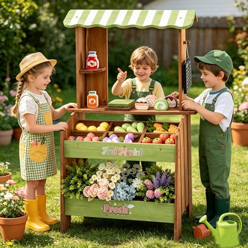 HONEY JOY Kids Farmers Market Stand Fir Wood Outdoor Mud Kitchen & Grocery Store Pretend Play 43 Fruit & Vegetable Accessories Price List Chalkboard Montessori Play Store for Toddlers (Natural)