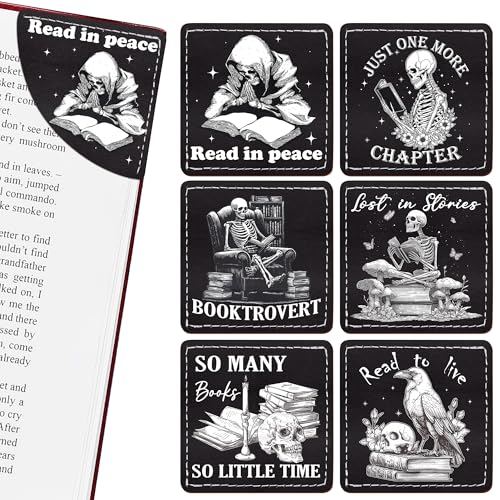 Celavoy Gothic Skull Bookmark Gifts - 6 Pcs Skeleton Crow Leather Corner Bookmarks for Women Men Students Book Lover Horror Page Markers Clip Reading Accessories Bookish Gift for Birthday Halloween
