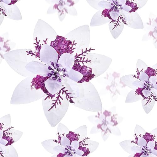 Geosar 24 Pcs Fleurs de Poinsettia Artificielles à Paillettes de Noël Décorations de Fleurs Poinsettia Mariage Ornements de Sapin de Noël avec Clips, 6 Pouces, 4 Pouces, 3 Pouces (Blanc Violet)