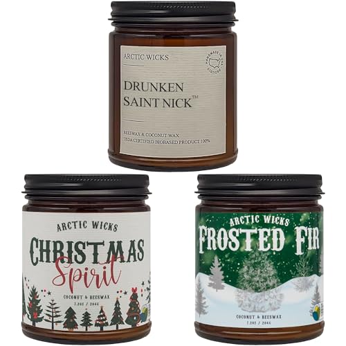 Christmas Spirit Drunken Saint Nick Frosted Fir 3 Pack Winter Candles Arctic Wicks Coconut Beeswax Candles 9oz Amber Jar Farmhouse Candles Non Toxic Clean Burn 100 USDA Certified Biobased