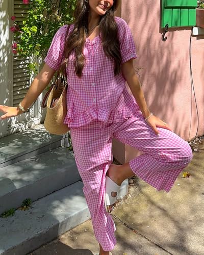 Image of codcm Womens Gingham Pajama Set 2 Piece Short Sleeve Babydoll Shirt and Pants Lounge Set Cute Sleepwear