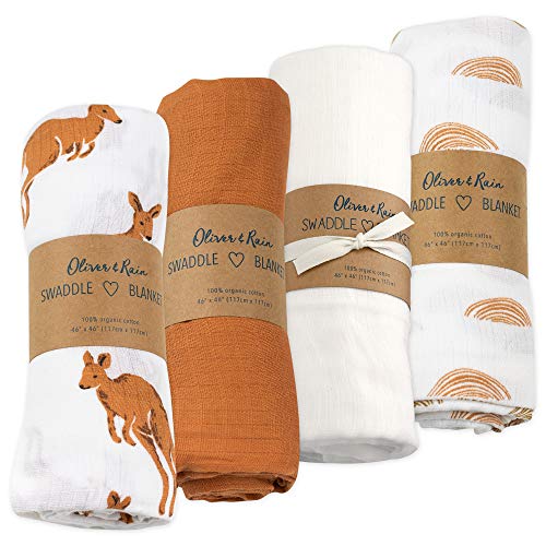 Image of Oliver & Rain Organic Muslin Baby Boy Swaddle Blankets 4 Pack Receiving Blanket, Kangaroo, Sunset Print-Brow