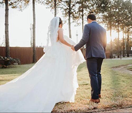 Miniatura 8 de Ursumy Velo de encaje de boda velos cortos de cintura brillante 2 niveles velos de novia de tul suave con peine (blanco)