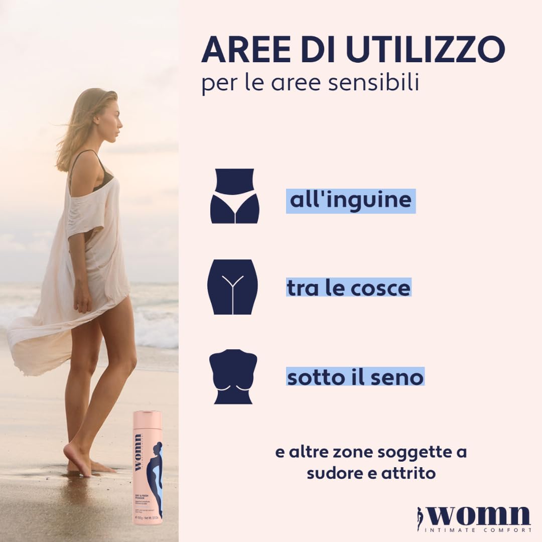 womn Dry & Fresh Powder 100 g – Polvere Corpo Senza Talco per Zona Intima, Inguine e Sotto il Seno – Assorbe il Sudore, Riduce Sfregamenti e Odori