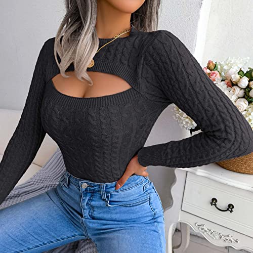 Women Sweaters Womens Cutout Long Sleeve Tops Mock Neck Cable Knit Pullover Sweater Sexy Slim Fit Jumper Black #TOP3