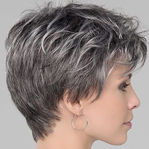 Renershow Short Grey Wig Pixie Cut Wig With Bangs Mixed Grey Wigs For White Women Layered Synthetic Natural Looking Daily Party Wig #TOP1