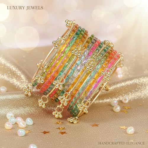 Image of NEW SURYA ENTRPRISES Kashmiri Ghangharoo Glass Bangle Set for Women|Light Weight Bangles|Traditional Transparent Fancy Glass Chudi Set Of 16(12 Glass + 4 ghungroo bangles)