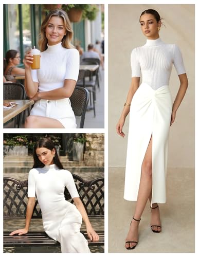 Image of v28 Women Turtleneck 1 /2 Half Sleeve Highly Stretchy Ribbed Knit Fitted Sweater