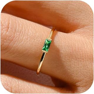 RLMOON Emerald Green Birthstone Stackable Ring for Women - Dainty 14K Gold Plated Non-Tarnish Baguette CZ, Hypoallergenic Sizes 4-10