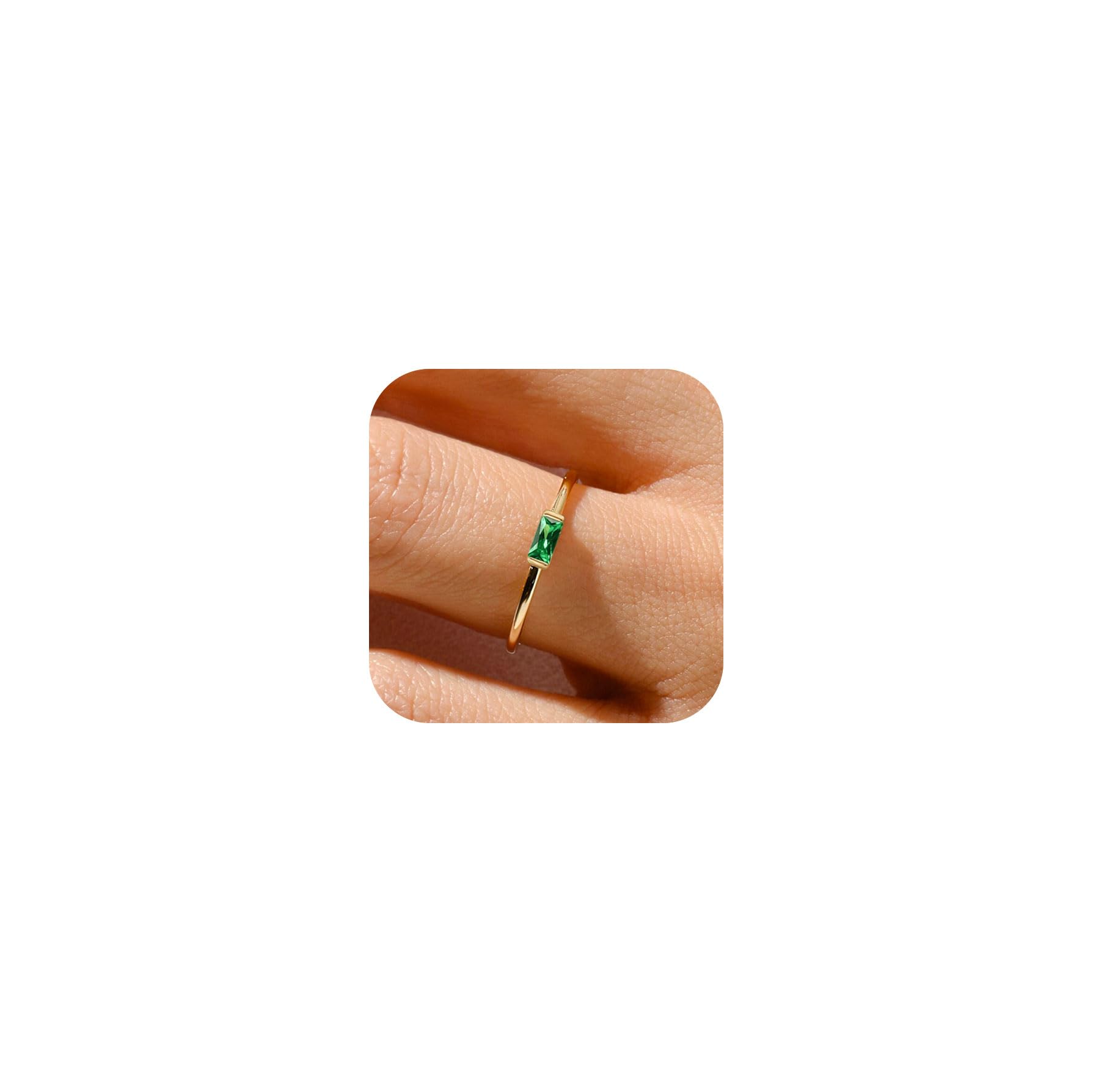 RLMOON Gold Birthstone Rings for Women Non Tarnish Gold Stackable Ring Dainty 14K Gold Plated Baguette CZ Emerald Green Gemstone Ring Personalized Jewelry Gift for Birthday Size 4-10