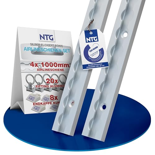 NTG Rail d'arrimage Airline 4 PCS 1m / 1000mm carré Alu avec 20 accessoires + 8 embouts - Certifié TÜV - Accessoire de remorque pour la sécurisation des charges, rail d'arrimage en aluminium pour
