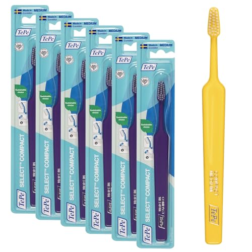 Spazzolino TePe Select Compact Medium, 1pz, efficace per la rimozione della placca, testina affusolata, pulizia delicata con spazzolino medium per adulti (Confezione da 6)