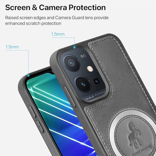 Image of Vaku Luxos Astrid Back Cover Case for Vivo Y75 5G Leather Stitched Magnetic Magsafe Wireless Charging TPU Phone Case Camera Screen Protector- Grey