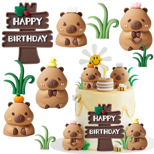 JAHEMU Decoración para Tartas Capybara Figura Cumpleaños Decoración de Pastel Mini Capibara Figuras Happy Birthday Cake Topper Animales Tema Fiesta de Cumpleaños 9 Piezas